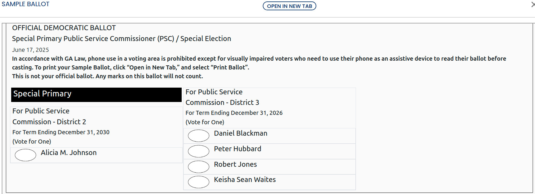 Democratic Sample Ballot GA PSC 2025-06-17