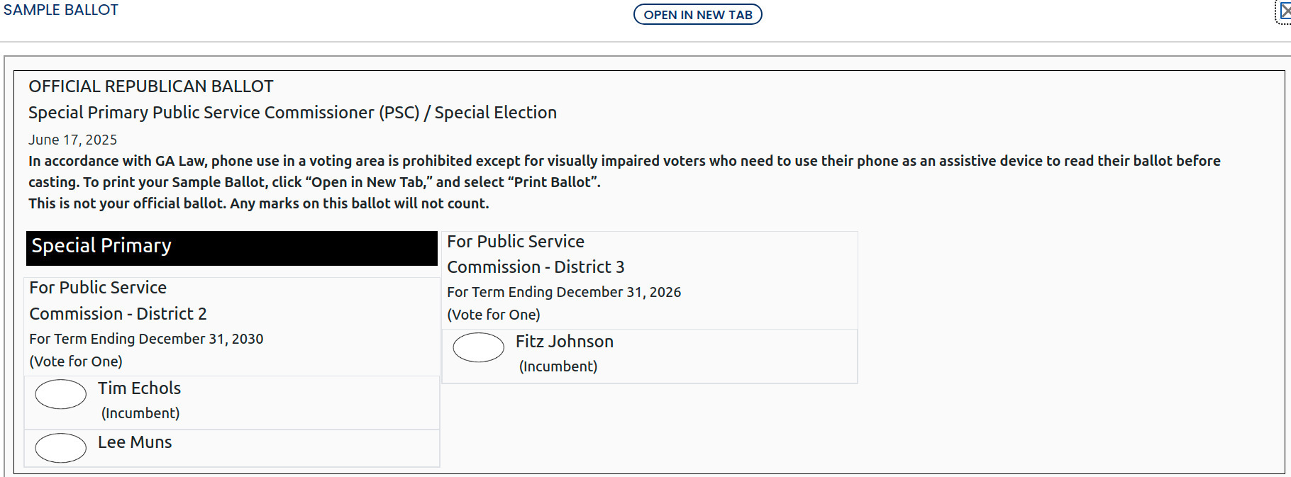 Republican Sample Ballot GA PSC 2025-06-17