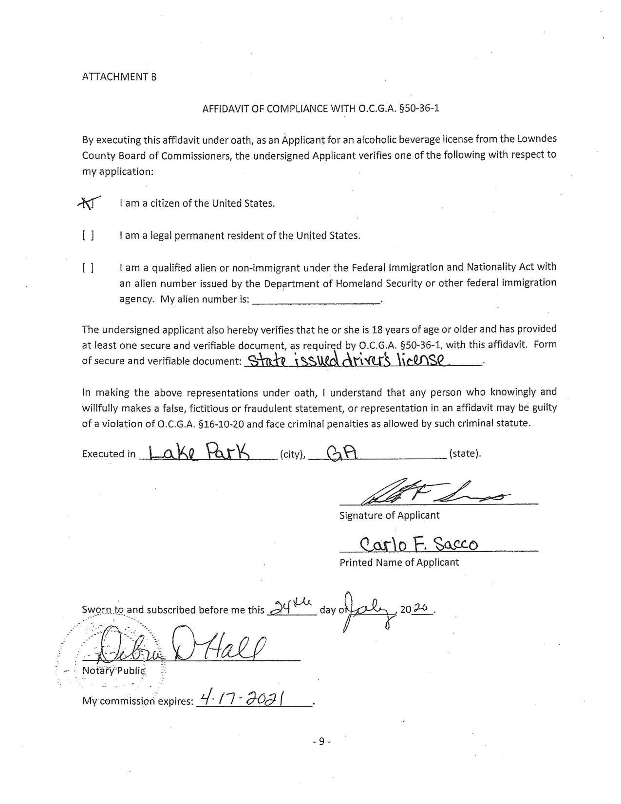 AFFIDAVIT OF COMPLIANCE WITH O.C.G.A. §50-36-1