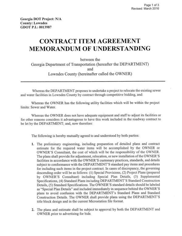 CONTRACT ITEM AGREEMENT: widening Lake Park Bellville Rd. from mGA 7 to I-75 will require relocation of county utilities