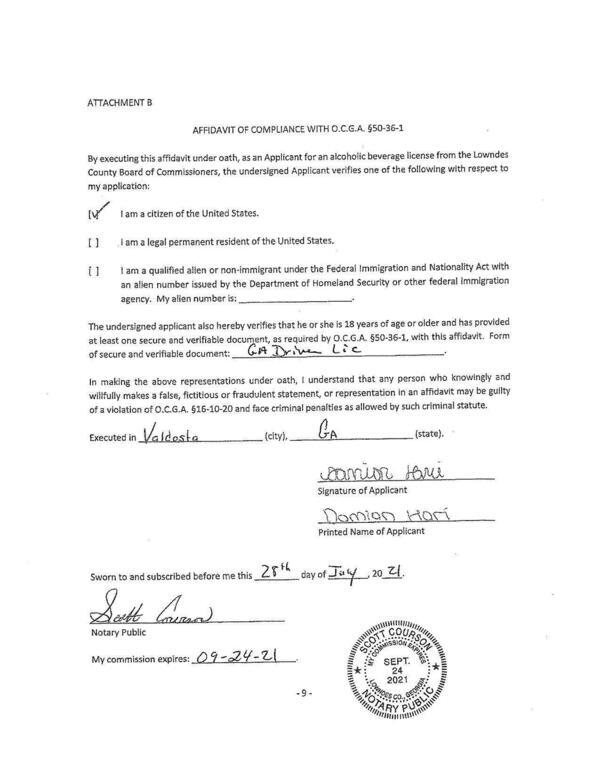 AFFIDAVIT OF COMPLIANCE WITH O.C.G.A. §50-36-1