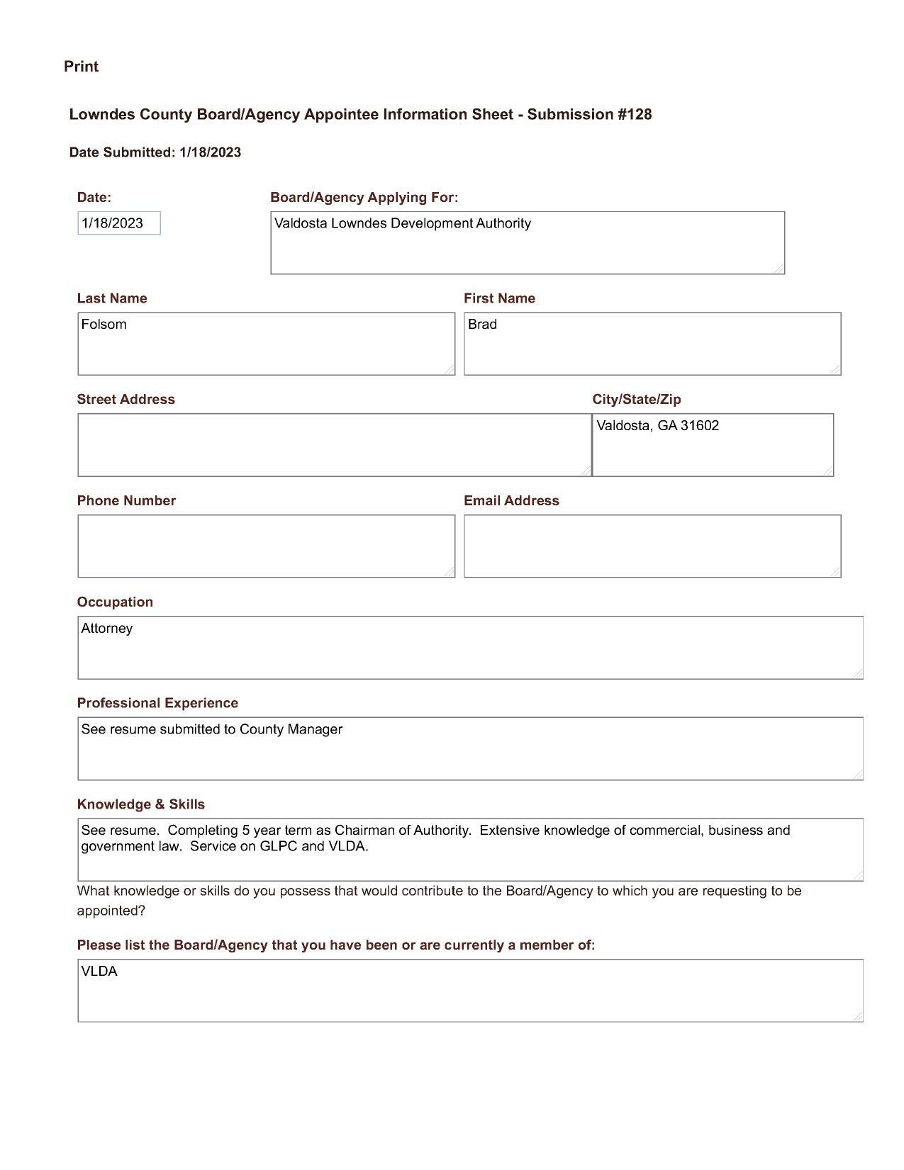 Brad Folsom application: 5 years Chair VLDA