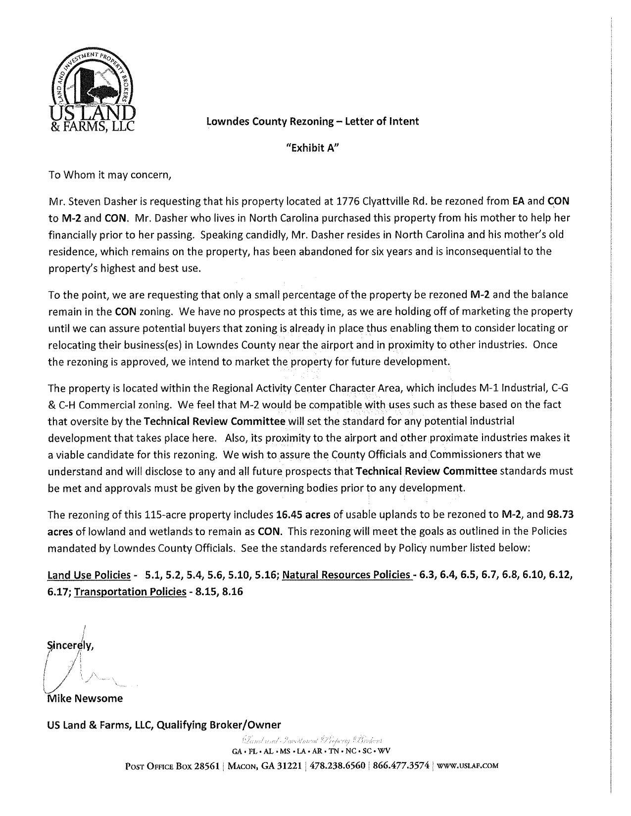 Letter of Intent Mike Newsome for Mr. Steven Dasher