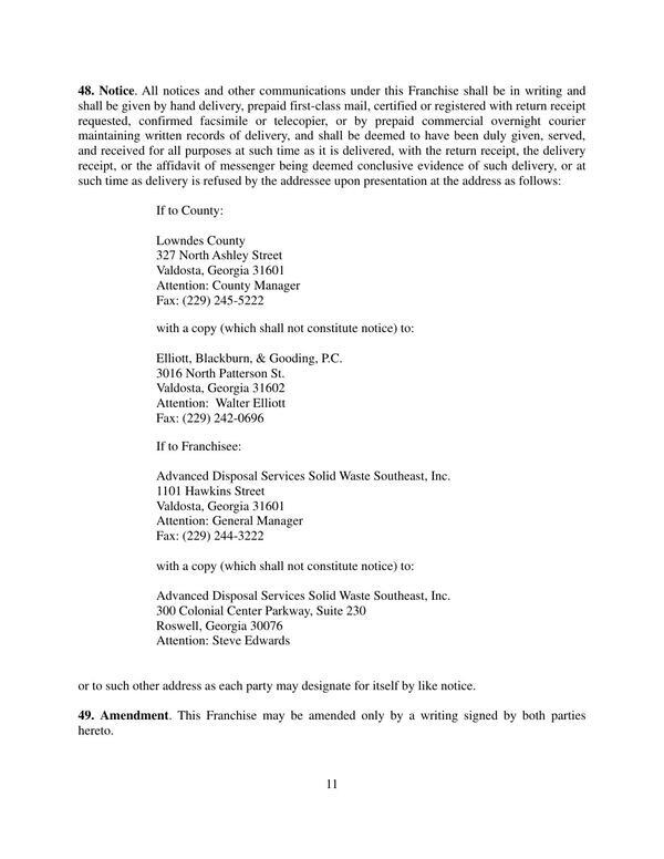 48. Notice. All notices and other communications under this Franchise shall be in writing and