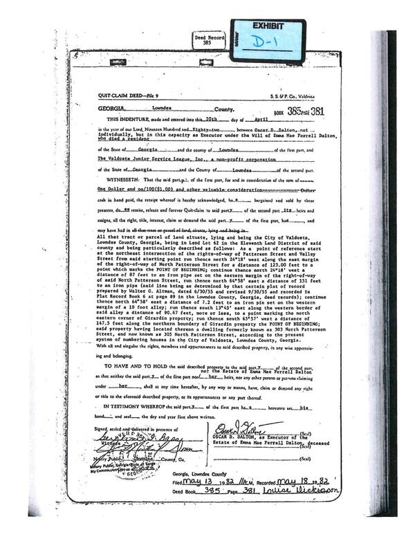 Exhibit D-1: Quit-Claim Deed 1982-04-20 to The Valdosta Junior Service League