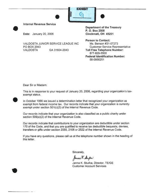 Exhibit G: IRS says 501(c)(3) 2006-01-20