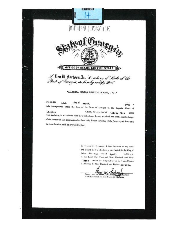 Exhibit H: GA Sec State certifies incoroporation of Valdosta Junior Service League, Inc. 1963-03-30