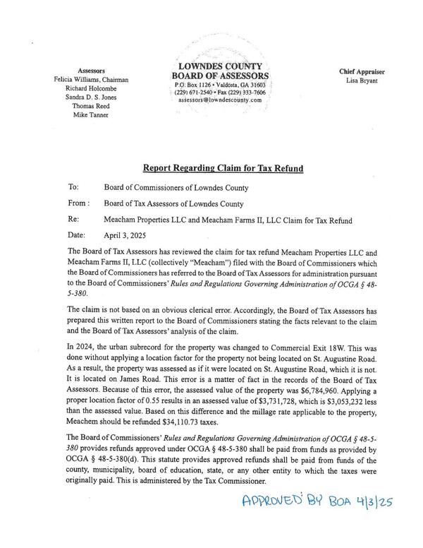 Report Regarding Claim for Tax Refund from Board of Tax Assessors