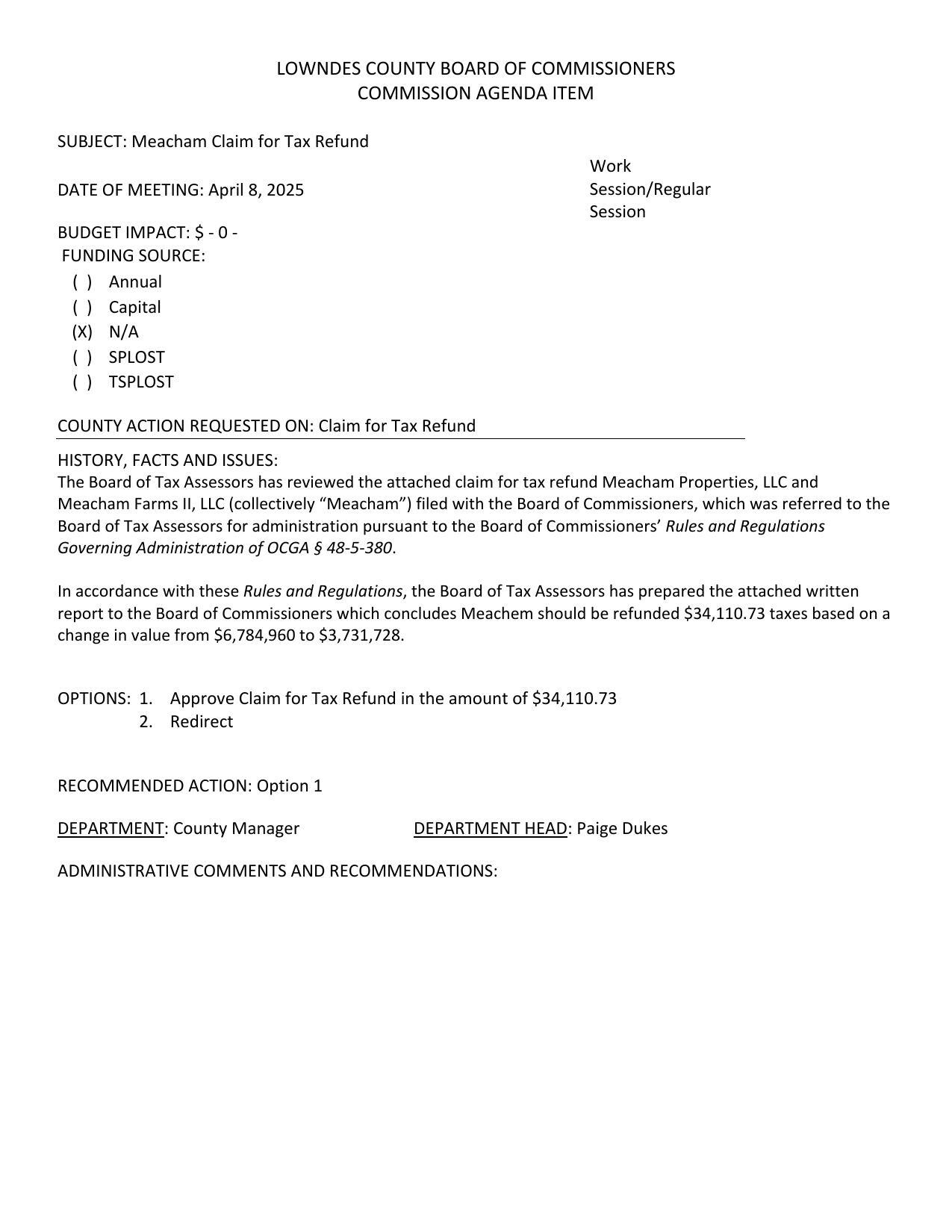 Meachem should be refunded $34,110.73 taxes based on a change in value from $6,784,960 to $3,731,728.
