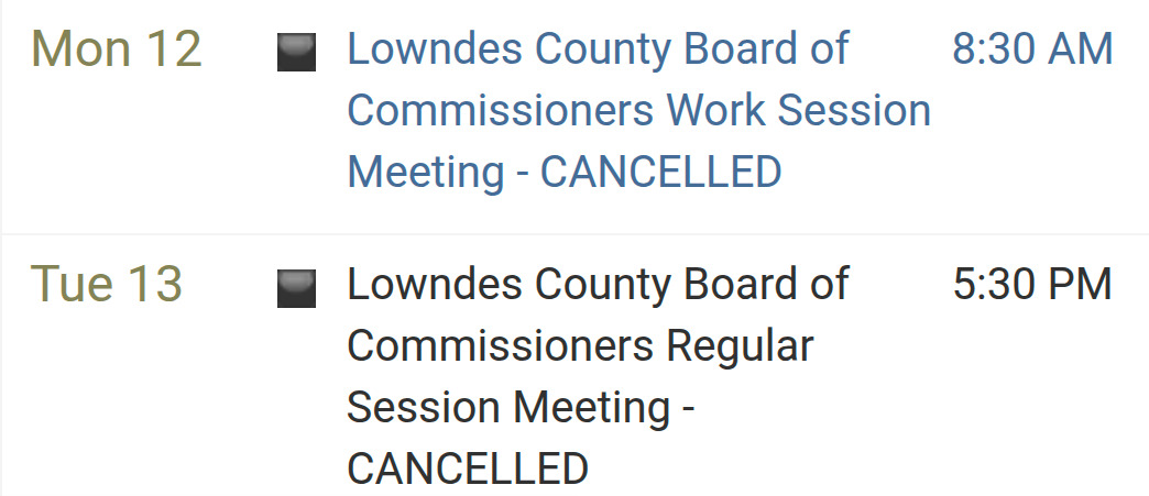 Lowndes County Board of Commissioners Work and Regular Sessions Cancelled 2025-11-12-13