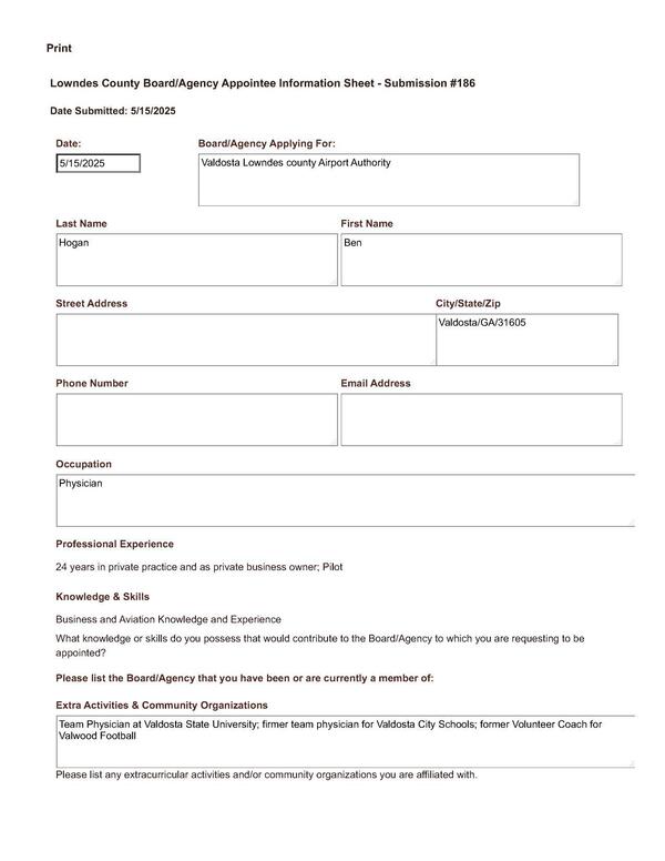 Ben Hogan application: 24 years in private practice and as private business owner; Pilot