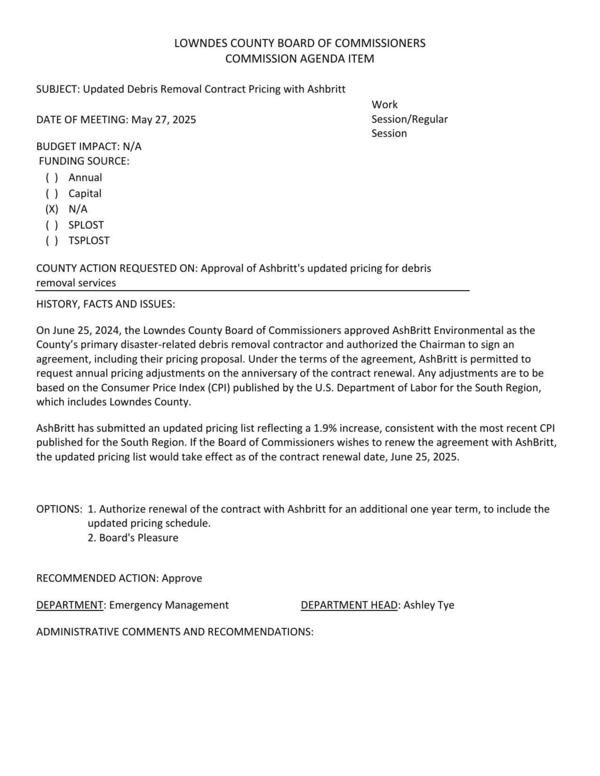 [AshBritt has submitted an updated pricing list reflecting a 1.9% increase, consistent with the most recent CPI published for the South Region.]