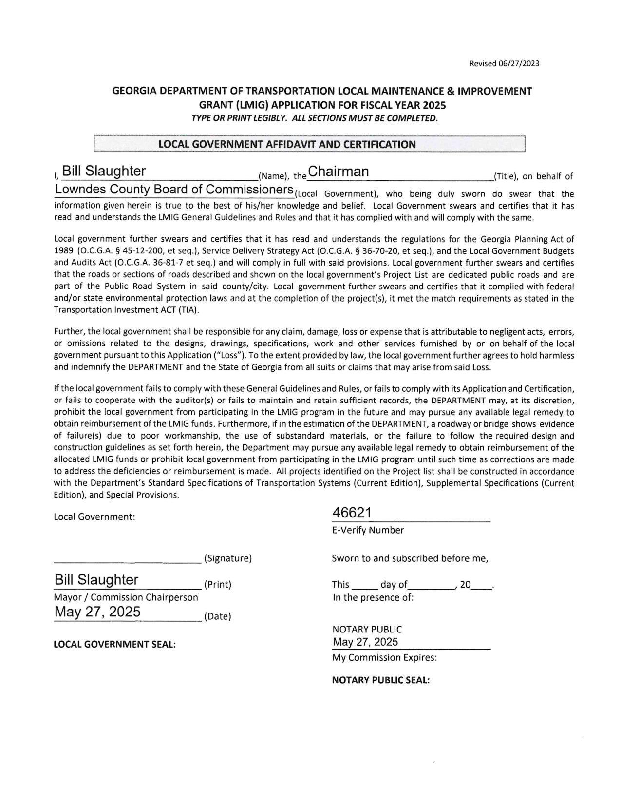 Local Government Affidavit and Certification