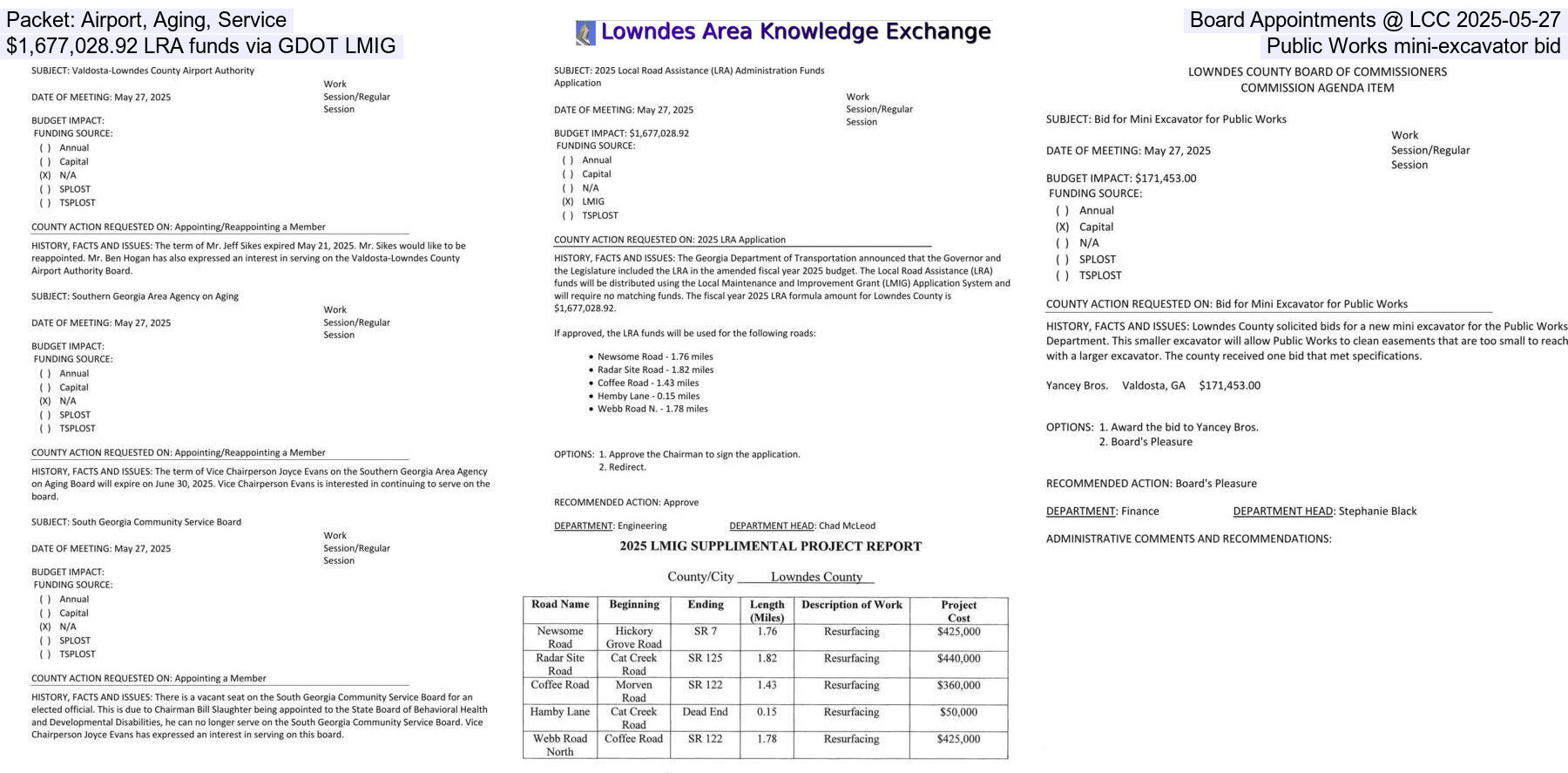 [Packet: Airport, Aging, Service, Board Appointments @ LCC 2025-05-27, $1,677,028.92 LRA funds via GDOT LMIG, Public Works mini-excavator bid]
