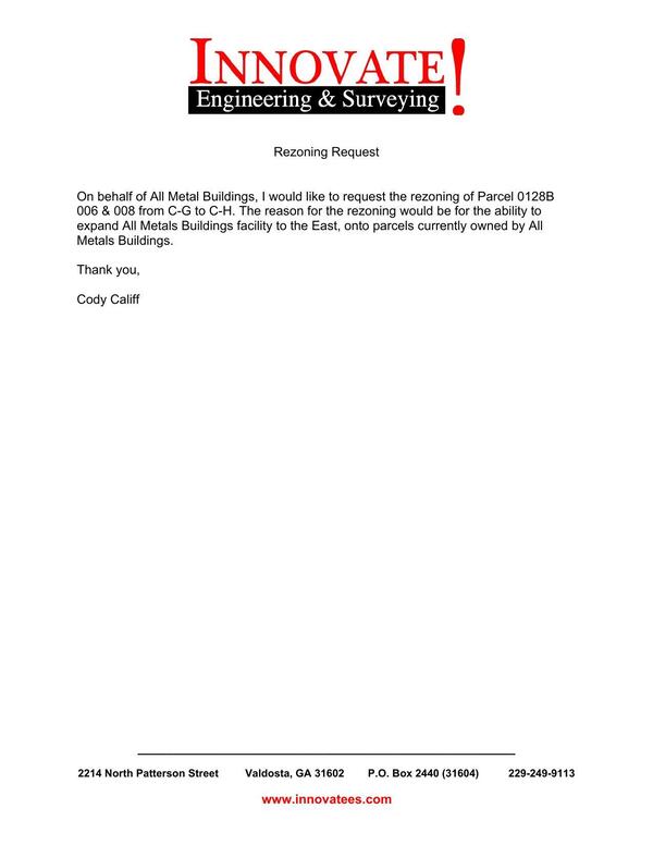 Rezoning application on behalf of All Metal Buildings by Cody Califf, Innovate! Engineering & Surveying