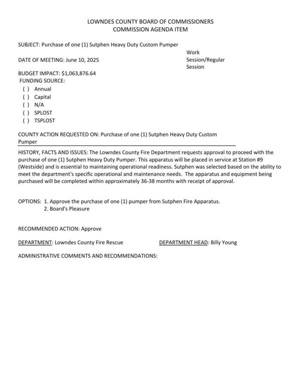 [BUDGET IMPACT: $1,063,876.64 This apparatus will be placed in service at Station #9 (Westside) and is essential to maintaining operational readiness.]
