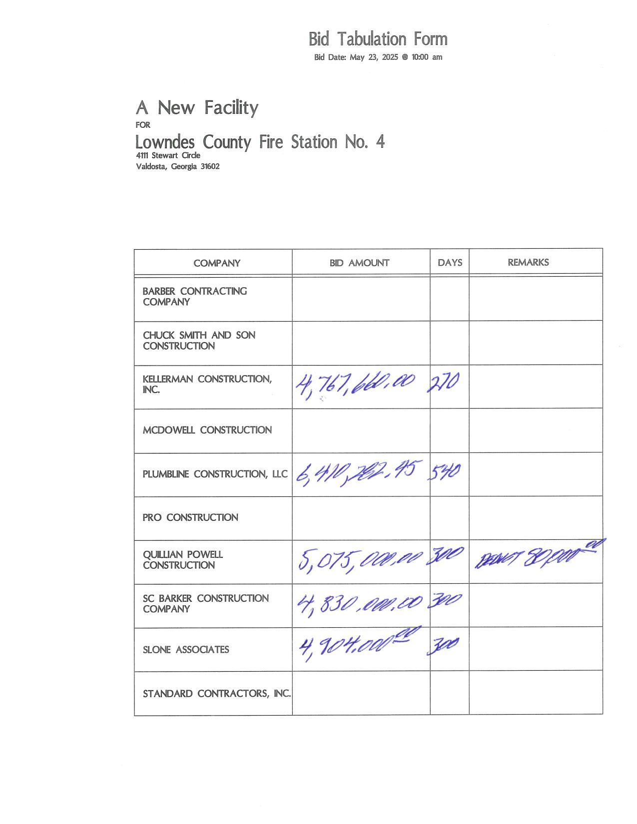 Bid Tabulation Form: five bids