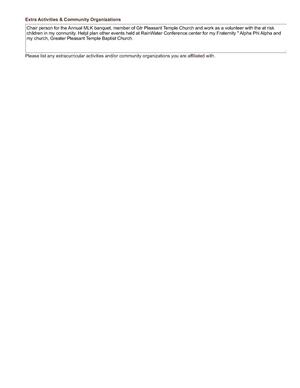 [Chair person for the Annual MLK banquet, member of Gtr Pleasant Temple Church and work as a volunteer with the at risk]