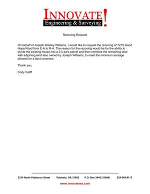 [Rezoning request on behalf of Joseph Wesley Williams by Cody Califf, Innovate! Engineering & Surveying]