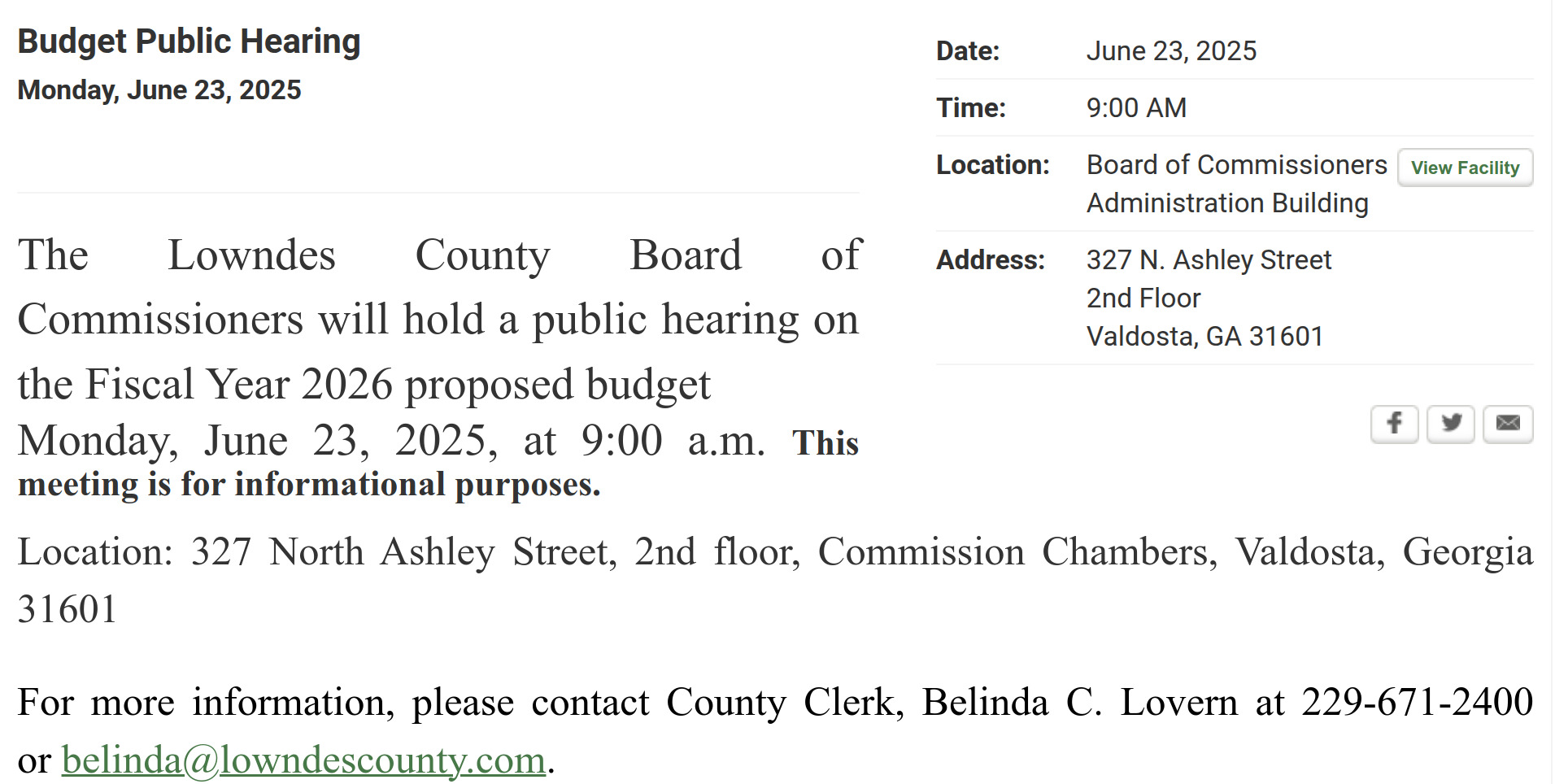 Budget Public Hearing, Lowndes COunty Commission, 9 AM, 2025-06-23