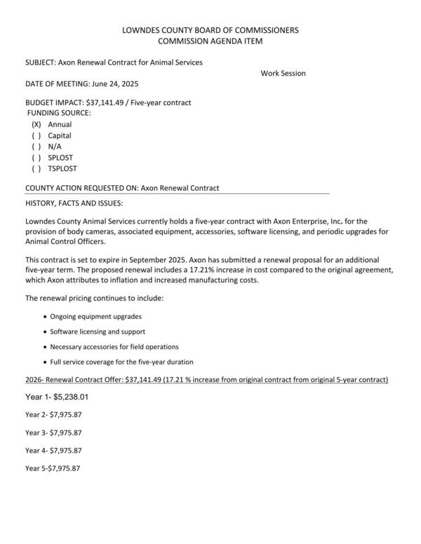 [BUDGET IMPACT: $37,141.49 / Five-year contract, 17.21% increase]