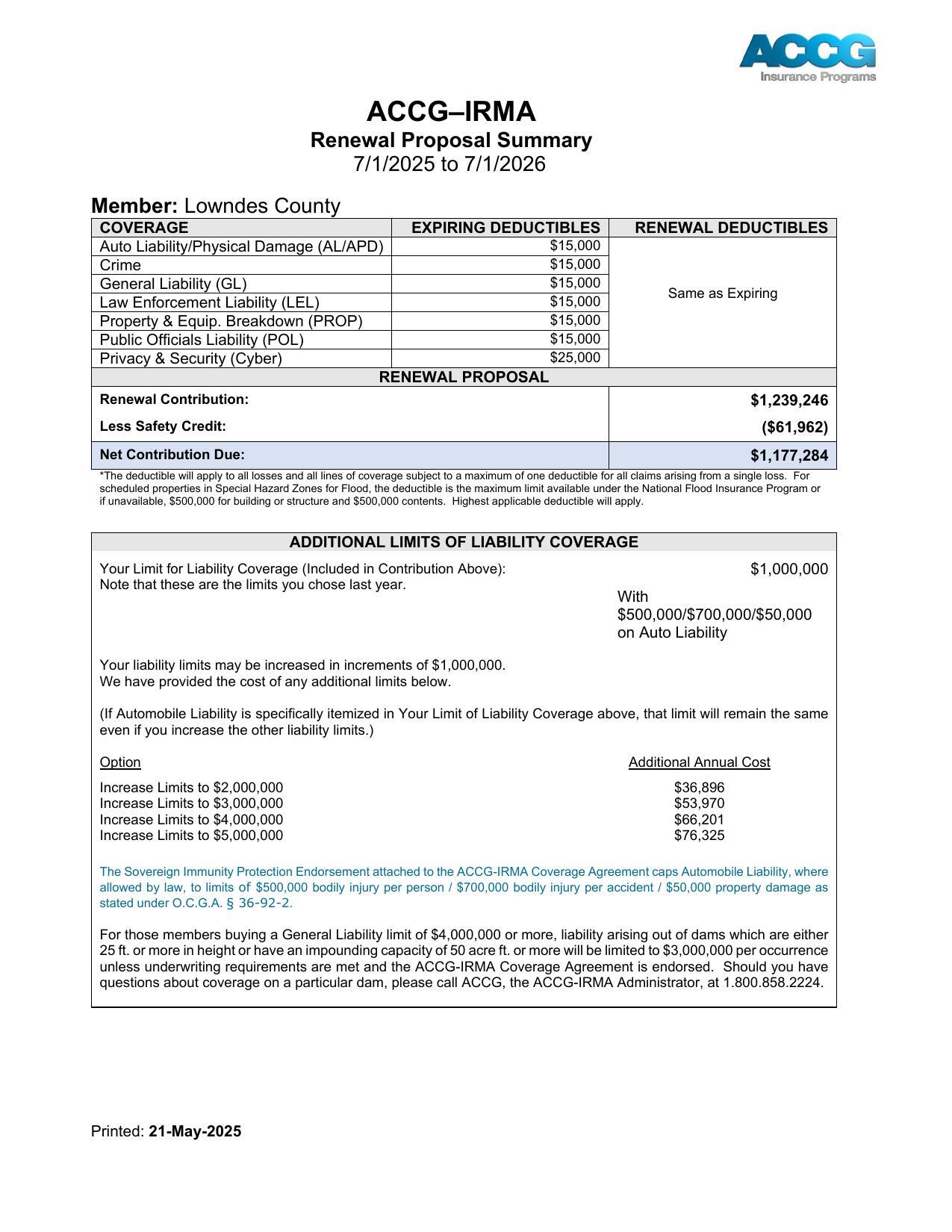 ACCG-IRMA Renewal Proposal Summary