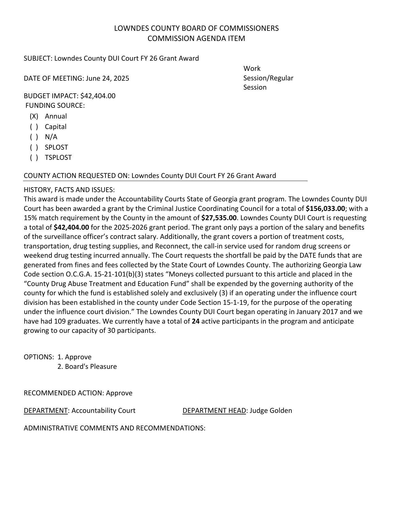 BUDGET IMPACT: $42,404.00 cash match plus remaining costs