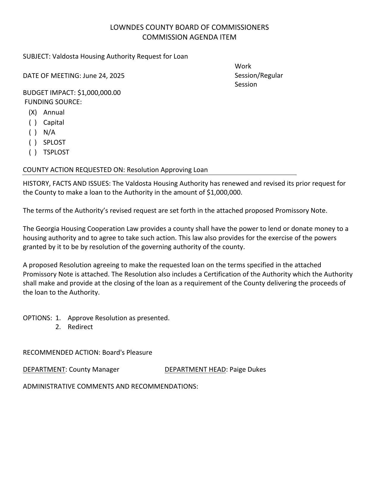 BUDGET IMPACT: $1,000,000.00