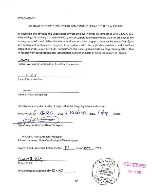 Attachment C: AFFIDAVIT OF PRIVATE EMPLOYER OF COMPLIANCE PURSUANT TO O.C.G.A. §36-60-6