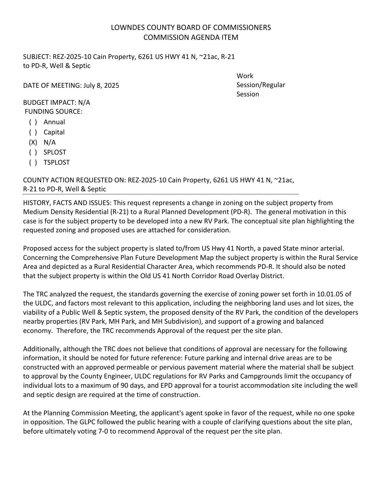 to be developed into a new RV Park. GLPC recommended approval 7:0.