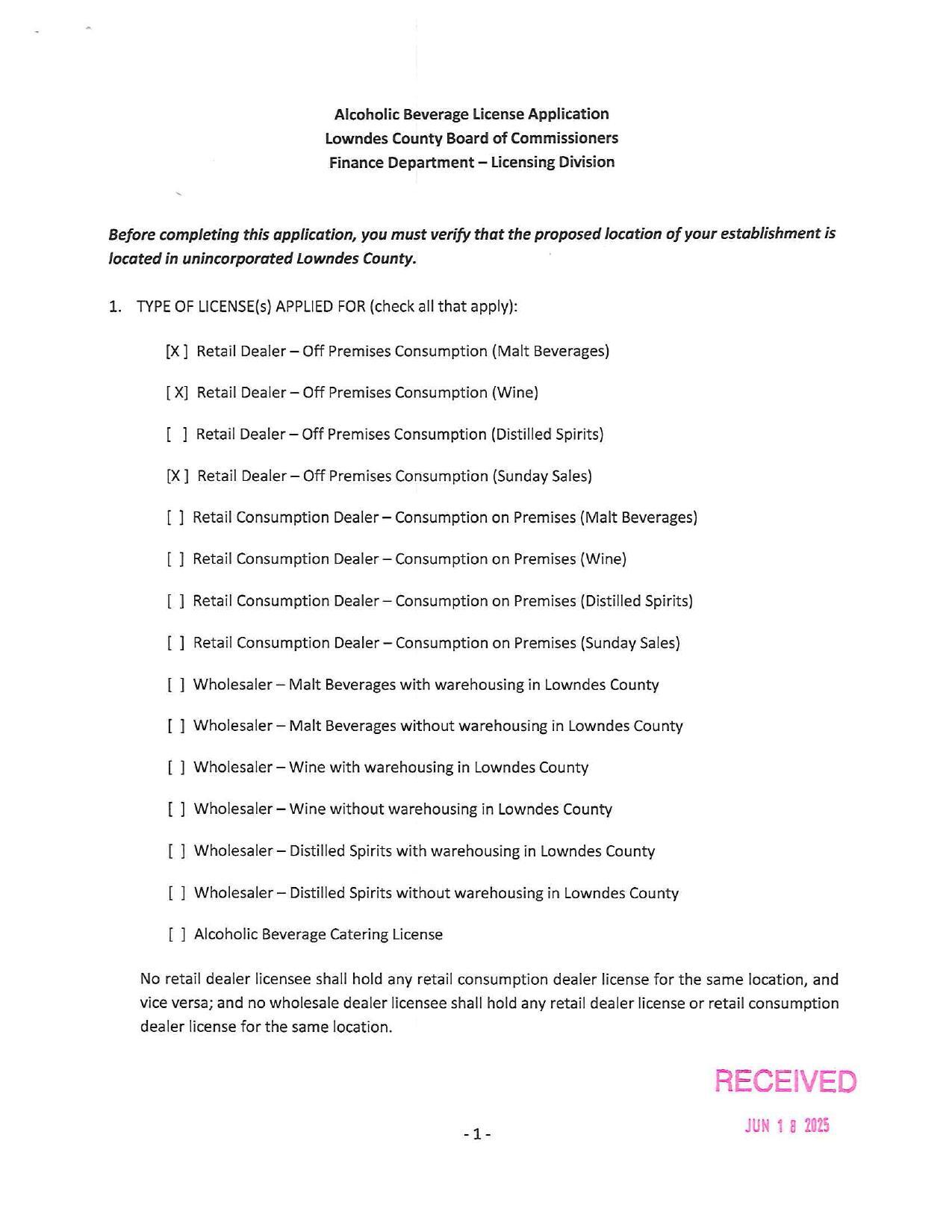 Alcoholic Beverage License Application