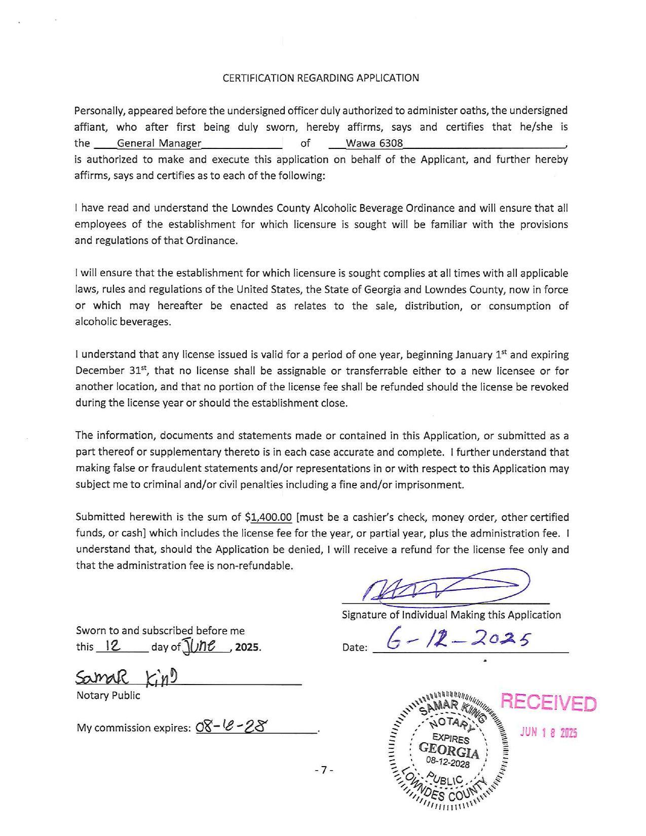 CERTIFICATION REGARDING APPLICATION