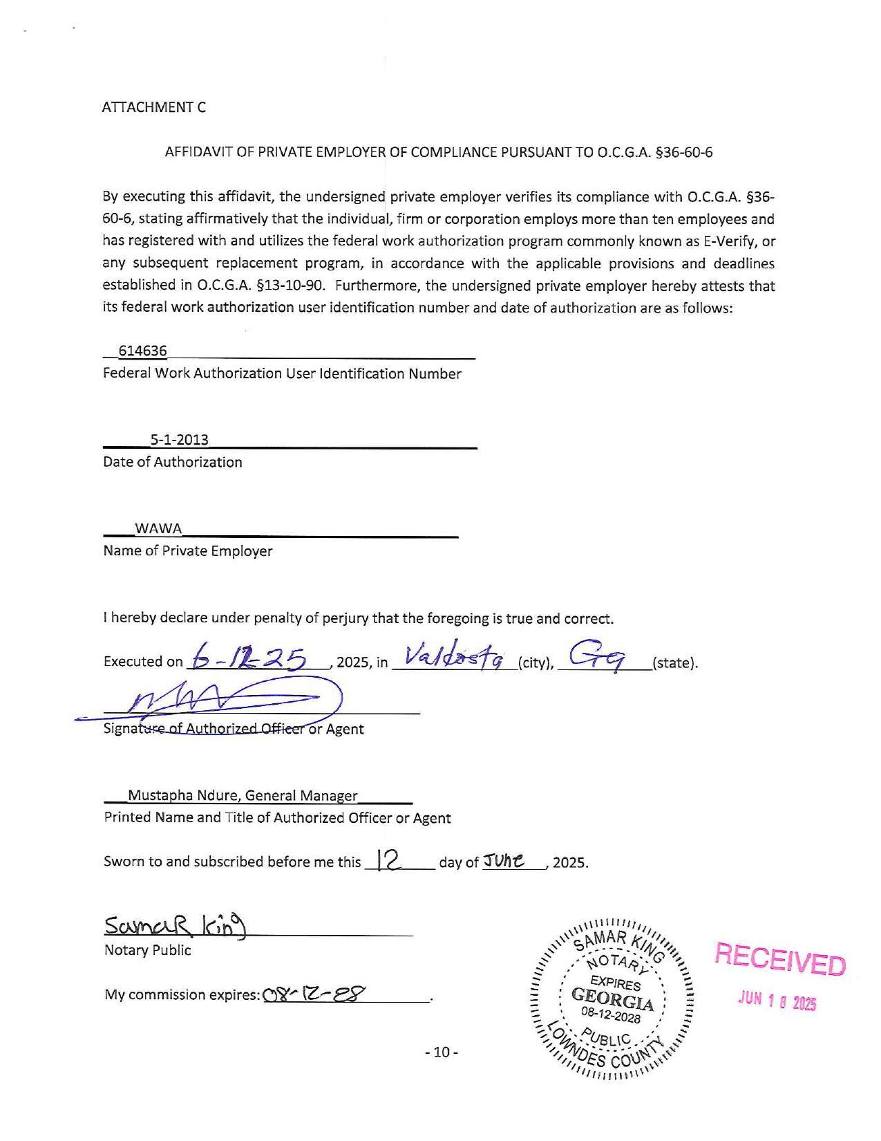 Attachment C: AFFIDAVIT OF PRIVATE EMPLOYER OF COMPLIANCE PURSUANT TO O.C.G.A. §36-60-6