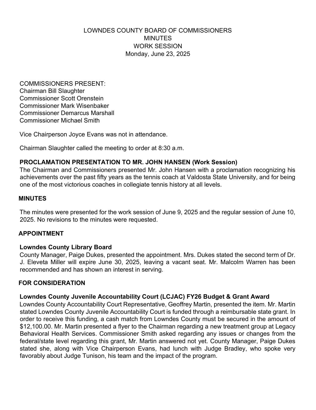 Minutes, Work Session, 2025-06-23