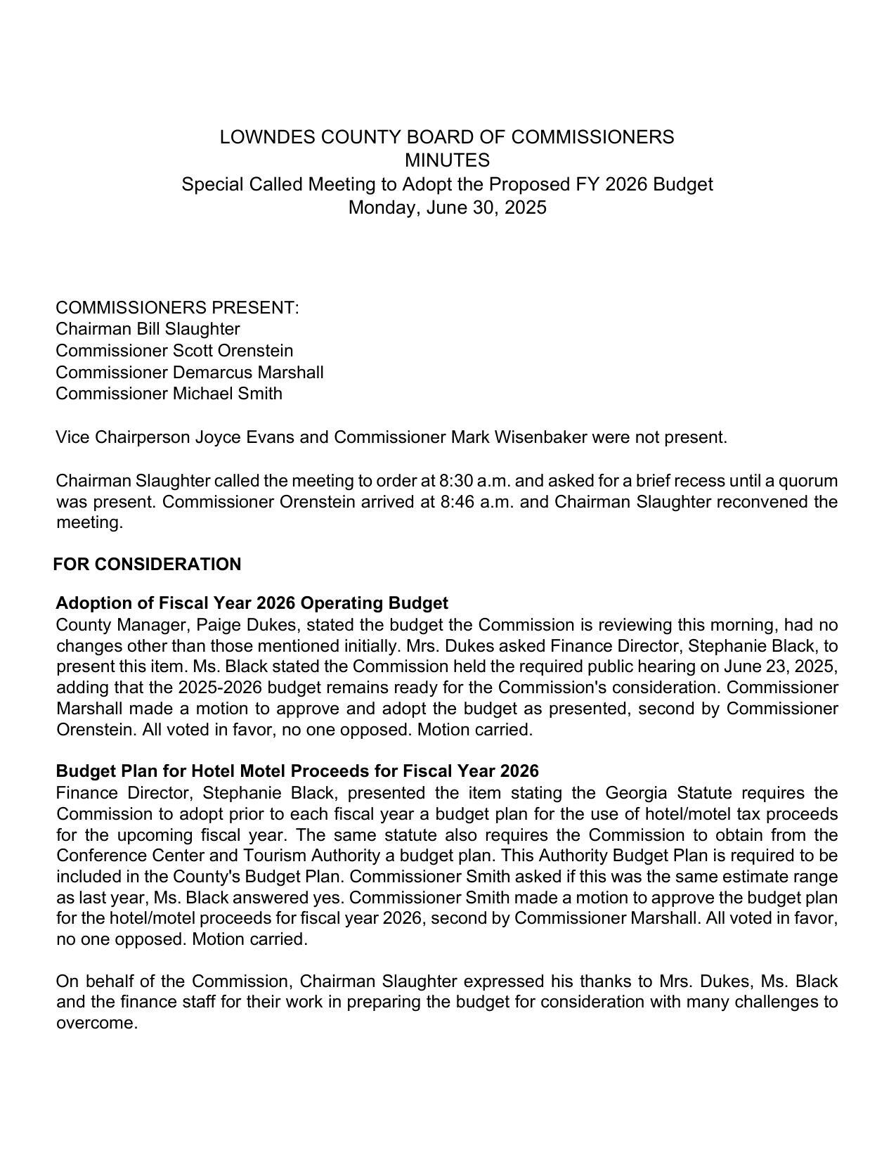 Minutes, Special Called Meeting to Adopt the FY 2026 Budget, 2025-06-30