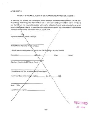 [Attachment D: AFFIDAVIT OF PRIVATE EMPLOYER OF COMPLIANCE PURSUANT TO O.C.G.A. §36-60-6]