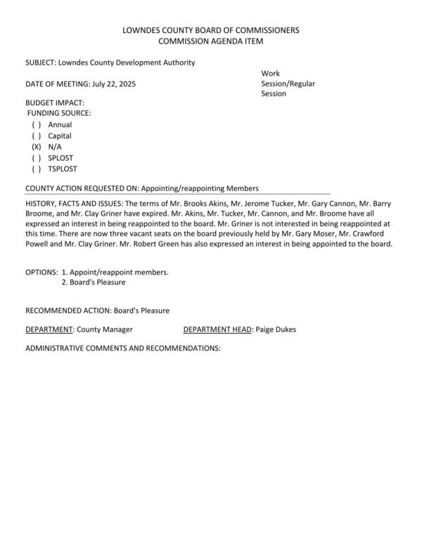 [The terms of Mr. Brooks Akins, Mr. Jerome Tucker, Mr. Gary Cannon, Mr. Barry Broome, and Mr. Clay Griner have expired. Mr. Akins, Mr. Tucker, Mr. Cannon, and Mr. Broome have all expressed an interest in being reappointed to the board. Mr. Griner is not interested in being reappointed at this time. There are now three vacant seats on the board previously held by Mr. Gary Moser, Mr. Crawford Powell and Mr. Clay Griner. Mr. Robert Green has also expressed an interest in being appointed to the board.]