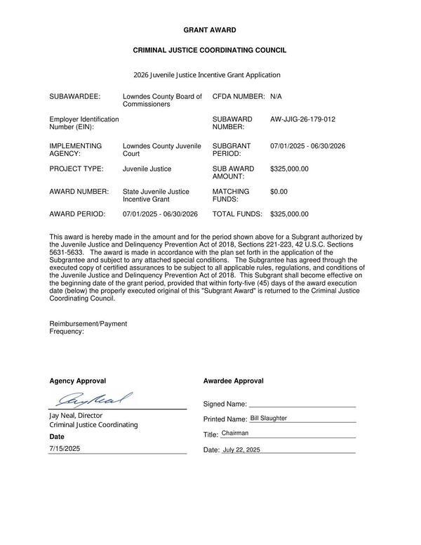 Grant Award 2026 Juvenile Justice Incentive Grant Application