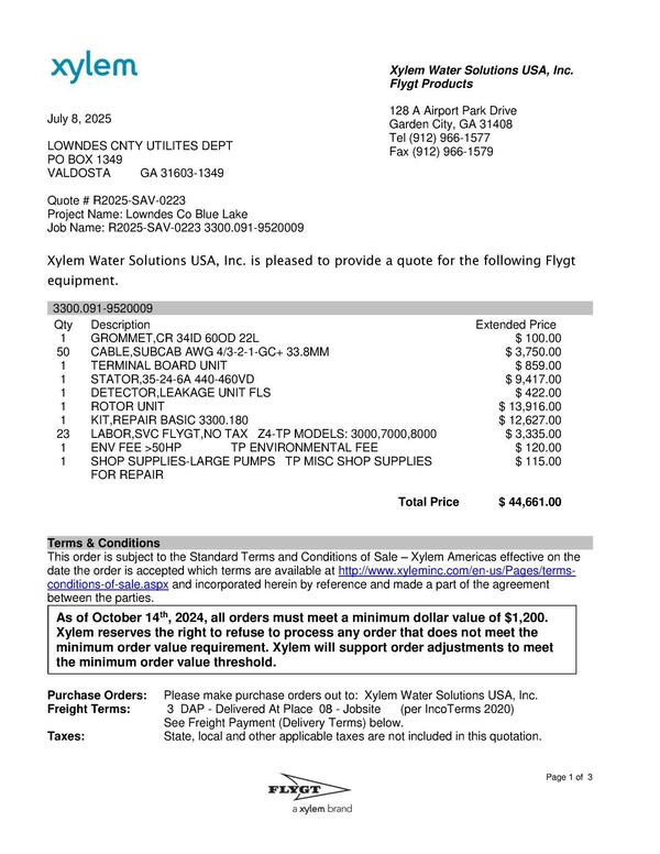 xylem Quote # R2025-SAV-0223