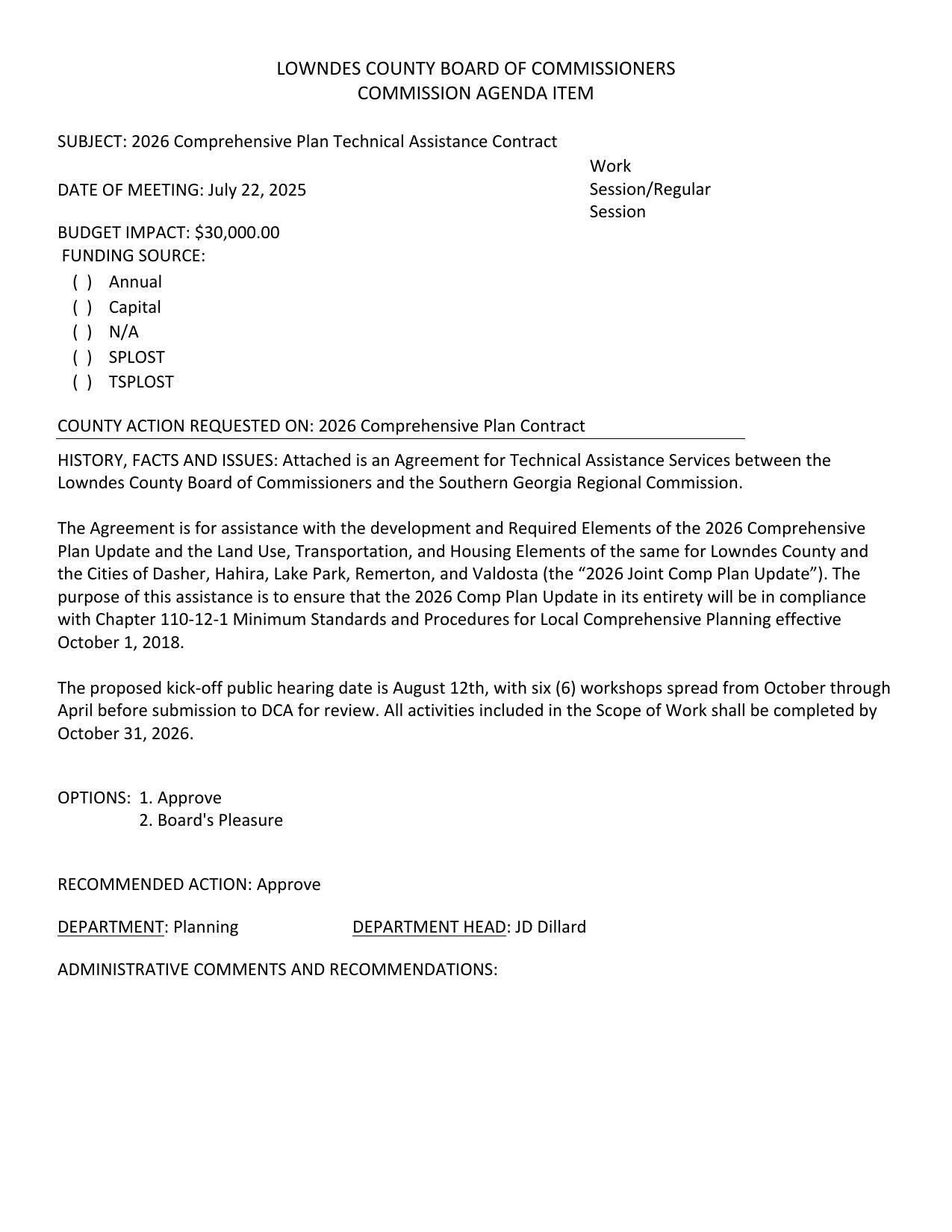 BUDGET IMPACT: $30,000.00 purpose of this assistance is to ensure that the 2026 Comp Plan Update in its entirety will be in compliance