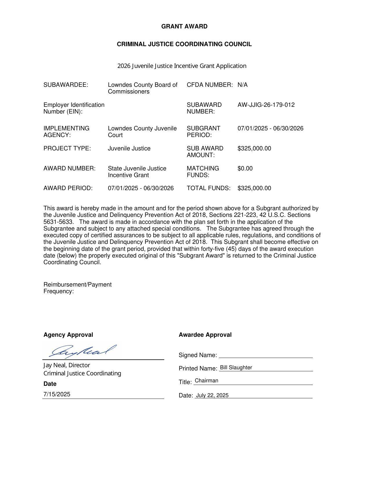 Grant Award 2026 Juvenile Justice Incentive Grant Application