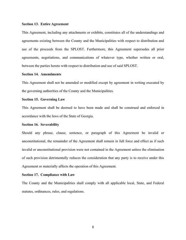 Section 13. Entire Agreement; Section 14. Amendments; Section 15. Governing Law; Section 16. Severability; Section 17. Compliance with Law