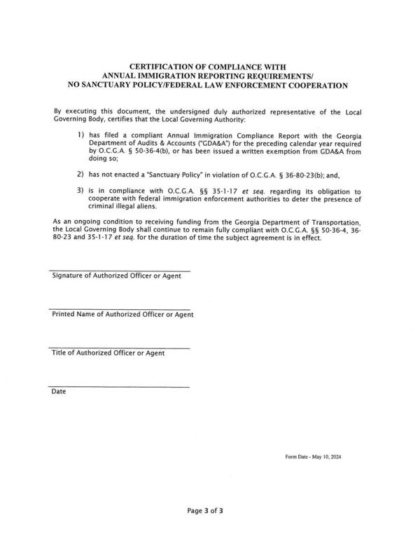 CERTIFICATION OF COMPLIANCE WITH ANNUAL IMMIGRATION REPORTING REQUIREMENTS/ NO SANCTUARY POLICY/FEDERAL LAW ENFORCEMENT COOPERATION