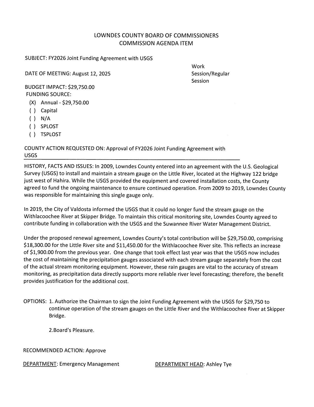 BUDGET IMPACT: $29,750.00 FUNDING SOURCE: (X) Annual - $29,750.00 Folsom Bridge and Skipper Bridge Gauges