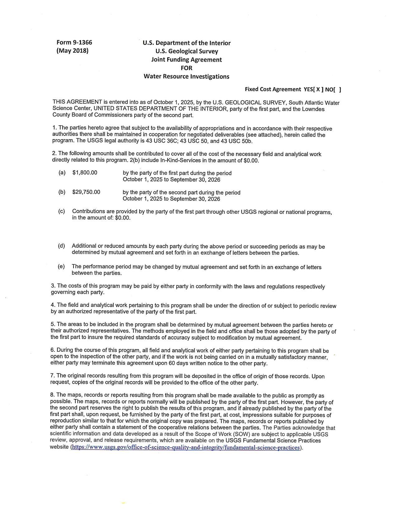 USGS Joint Funding Agreement (JFA)