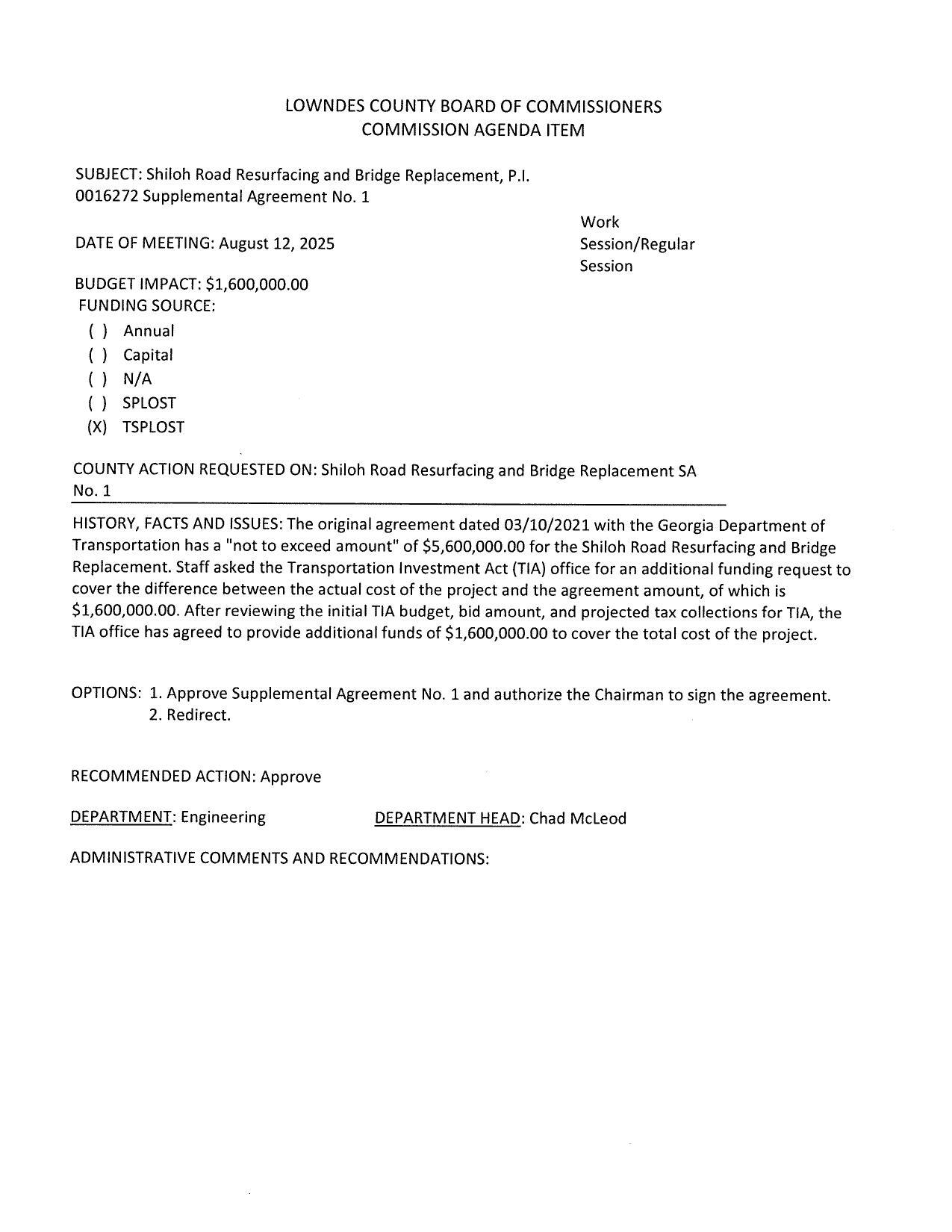 BUDGET IMPACT: $-1,600,000.00 FUNDING SOURCE: (xX) TSPLOST