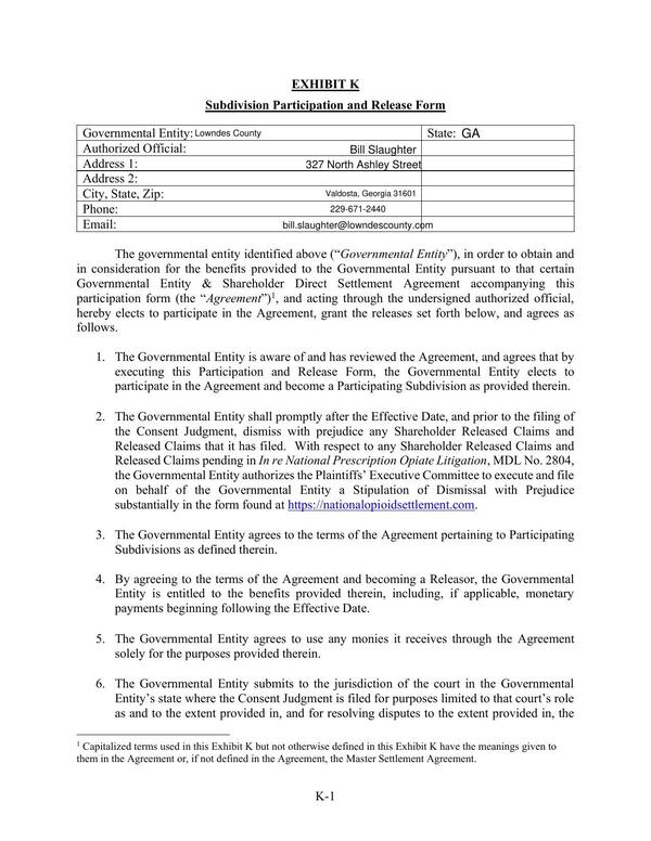 Exhibit K: Subdivision Participation and Release Form