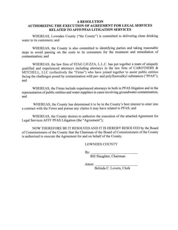 A RESOLUTION AUTHORIZING THE EXECUTION OF AGREEMENT FOR LEGAL SERVICES RELATED TO AFFF/PFAS LITIGATION SERVICES