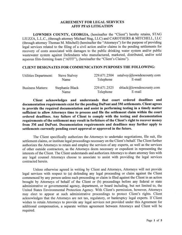 AGREEMENT FOR LEGAL SERVICES AFFF PFAS LITIGATION