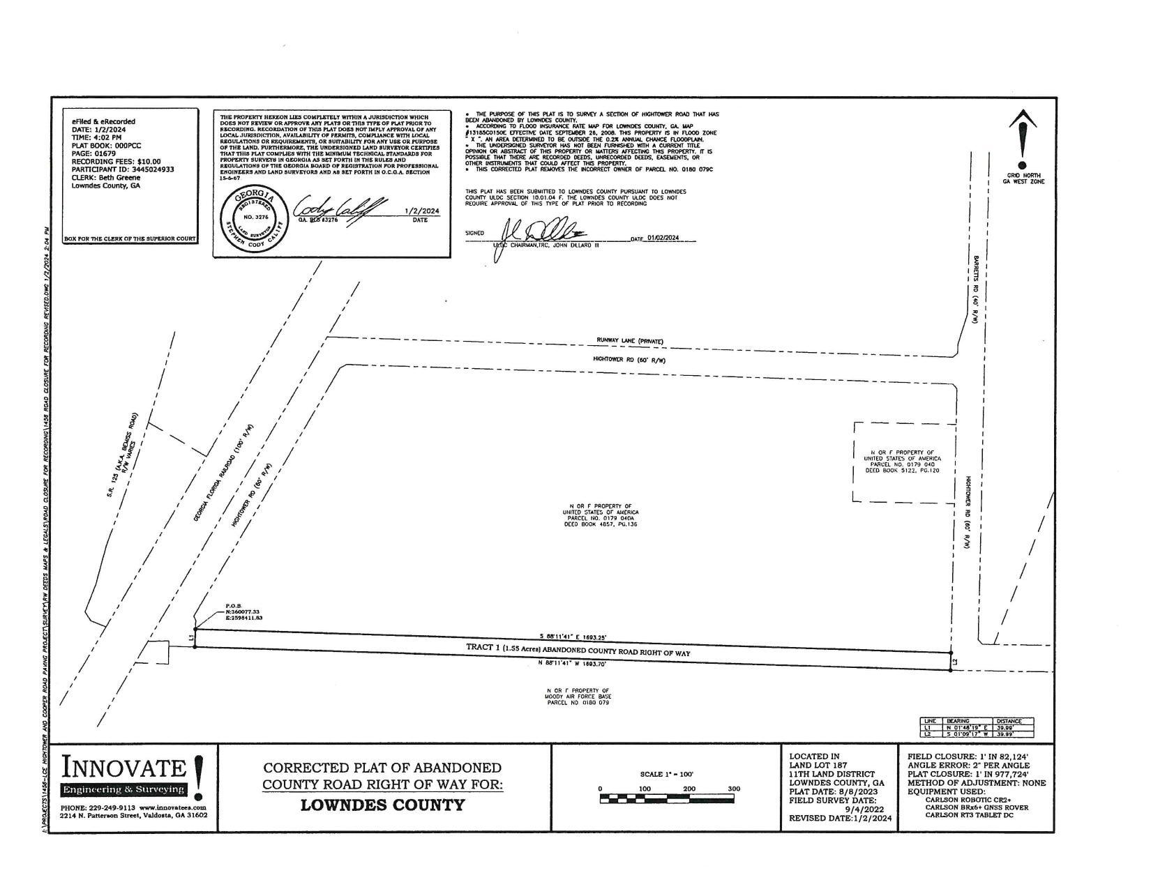 CORRECTED PLAT OF ABANDONED COUNTY ROAD RIGHT OF WAY FOR: LOWNDES COUNTY